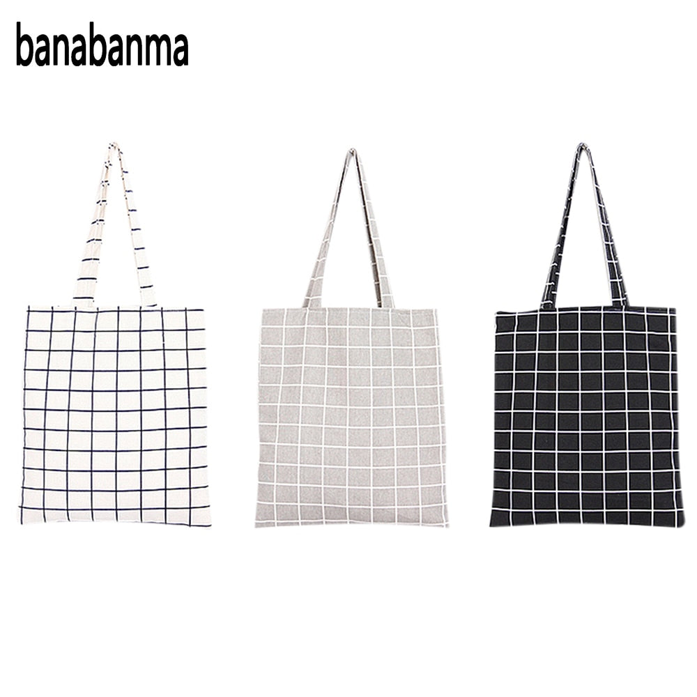 Banabanma Women Student Cotton Linen Fashion Plaid Shoulder Tote Handbag Eco Shopping Large Capacity Canvas Purse Pouch ZK25