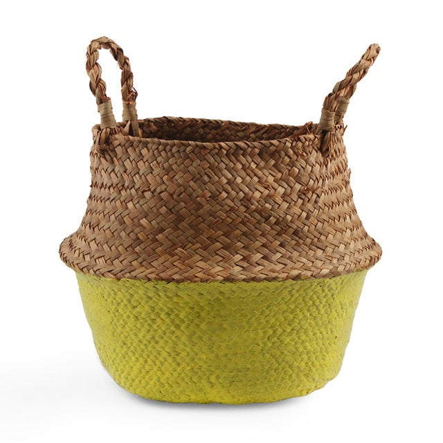 Seagrass Folding Handmade Storage Basket Decorative Rattan Plant Flower Pot Woven Wicker Belly Laundry Basket Home Decor