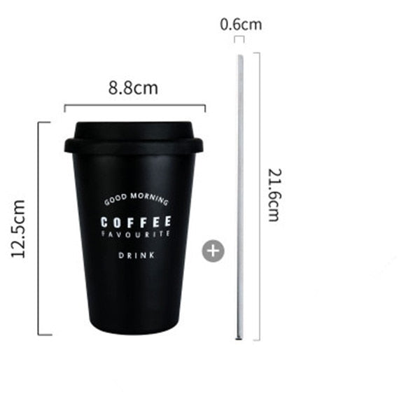 Black White Stainless Steel Silicone Mugs Hand Cup With Straw Lid Cup Sleeve Mug Tea Milk Cups Home Office School Gift 1PCS