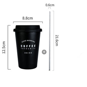 Black White Stainless Steel Silicone Mugs Hand Cup With Straw Lid Cup Sleeve Mug Tea Milk Cups Home Office School Gift 1PCS