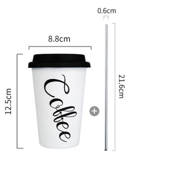 Black White Stainless Steel Silicone Mugs Hand Cup With Straw Lid Cup Sleeve Mug Tea Milk Cups Home Office School Gift 1PCS