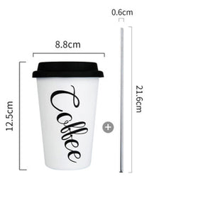 Black White Stainless Steel Silicone Mugs Hand Cup With Straw Lid Cup Sleeve Mug Tea Milk Cups Home Office School Gift 1PCS