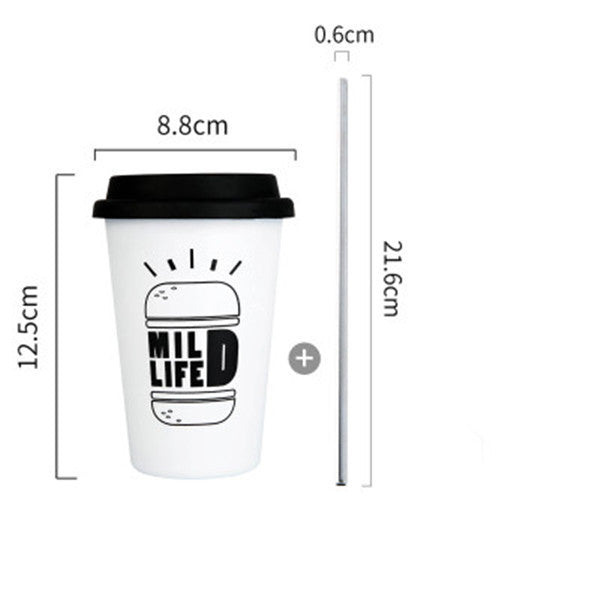 Black White Stainless Steel Silicone Mugs Hand Cup With Straw Lid Cup Sleeve Mug Tea Milk Cups Home Office School Gift 1PCS