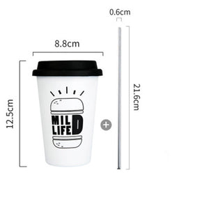 Black White Stainless Steel Silicone Mugs Hand Cup With Straw Lid Cup Sleeve Mug Tea Milk Cups Home Office School Gift 1PCS