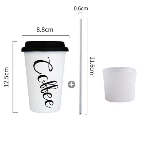Black White Stainless Steel Silicone Mugs Hand Cup With Straw Lid Cup Sleeve Mug Tea Milk Cups Home Office School Gift 1PCS