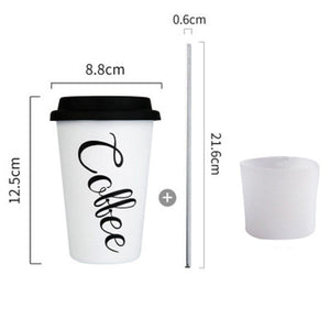 Black White Stainless Steel Silicone Mugs Hand Cup With Straw Lid Cup Sleeve Mug Tea Milk Cups Home Office School Gift 1PCS