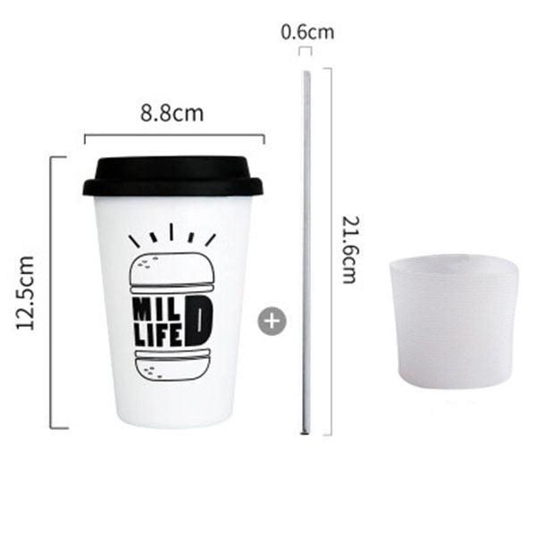 Black White Stainless Steel Silicone Mugs Hand Cup With Straw Lid Cup Sleeve Mug Tea Milk Cups Home Office School Gift 1PCS