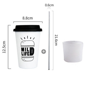 Black White Stainless Steel Silicone Mugs Hand Cup With Straw Lid Cup Sleeve Mug Tea Milk Cups Home Office School Gift 1PCS