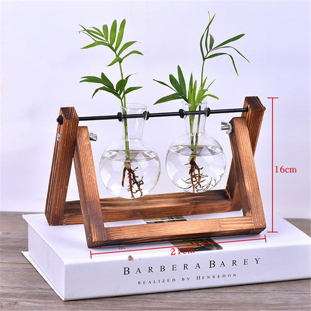 Creative Wooden Stand Glass Terrarium Container Hydroponics Planter Flower Pot Tabletop Vase DIY Home Office Wedding Decor