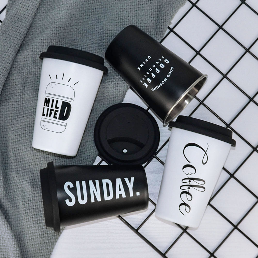 Black White Stainless Steel Silicone Mugs Hand Cup With Straw Lid Cup Sleeve Mug Tea Milk Cups Home Office School Gift 1PCS