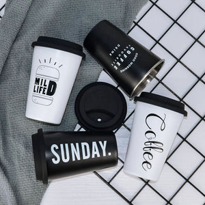 Black White Stainless Steel Silicone Mugs Hand Cup With Straw Lid Cup Sleeve Mug Tea Milk Cups Home Office School Gift 1PCS